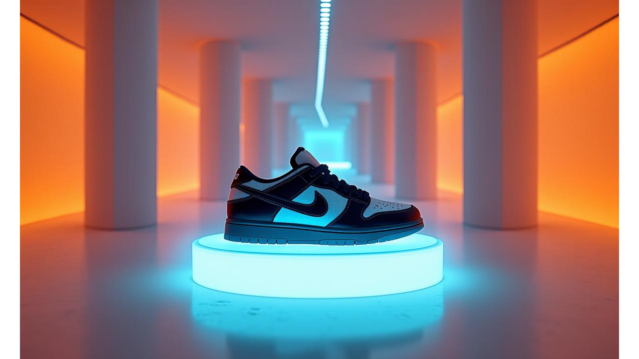 Dynamic shot of a sleek sneaker on a pedestal in a futuristic, LA-inspired gallery with digital elements, symbolizing Arch Vault's blend of fashion and tech innovation.