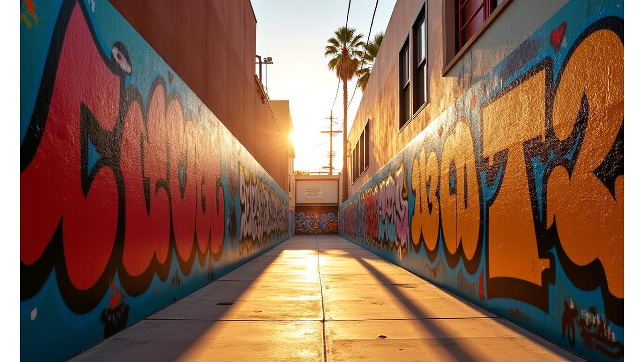 Vibrant mural art in a Los Angeles alleyway, depicting diverse faces and urban culture, symbolizing community and creativity.