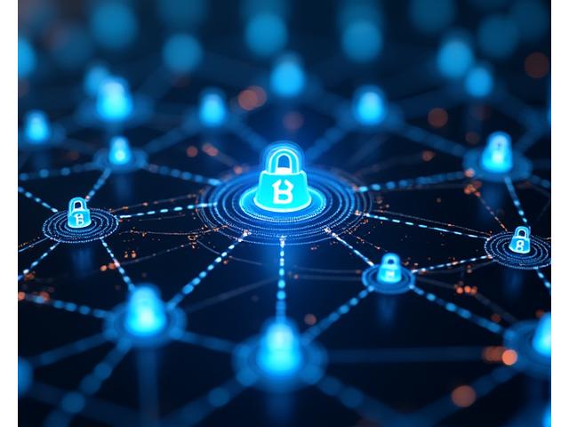 An abstract representation of blockchain technology with glowing interconnected nodes, suggesting security and transparency in digital authentication.