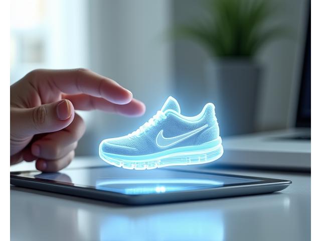 A user's hand interacting with a holographic projection of a sneaker, demonstrating virtual try-on technology.