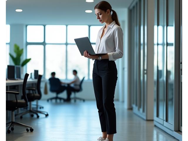 Person in a modern office space, wearing tailored Arch Vault activewear pants and a smart blouse.