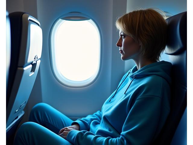 Person comfortably seated in an airplane, wearing Arch Vault track pants and a hoodie, ready for travel.