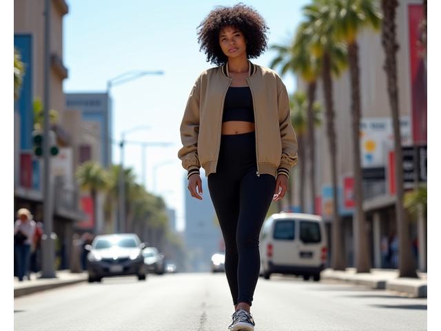 Woman in elegant black Arch Vault leggings and stylish oversized hoodie walking in a trendy urban setting.