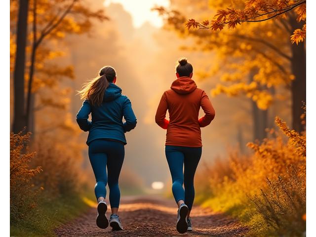 People jogging and hiking through an autumn forest, dressed in Arch Vault's layered activewear.