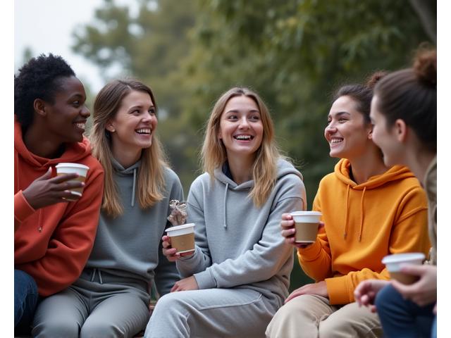 Group of friends laughing at a cafe, dressed stylishly in athleisure wear from Arch Vault.