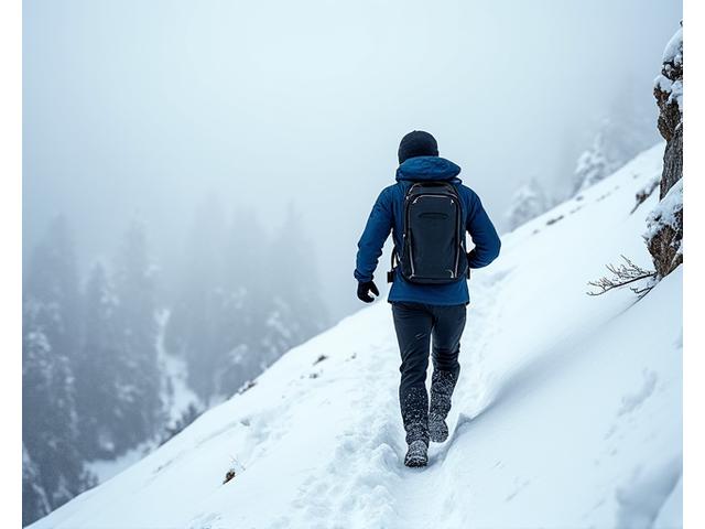 Trail runner traversing a snowy mountain path, wearing insulated Arch Vault activewear, steam visible from breath.