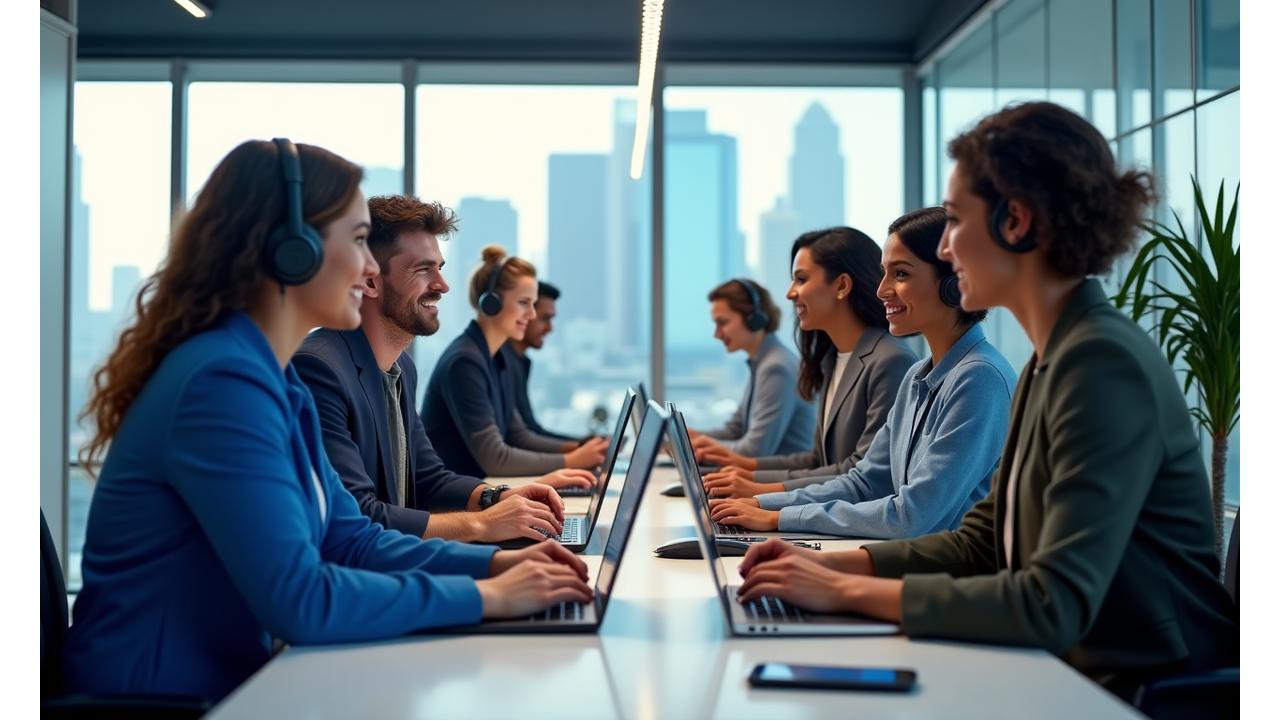 Diverse customer support team members conversing in a modern, light-filled office, representing Arch Vault's LA-based support.