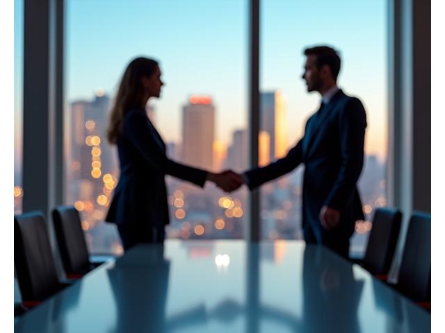 Two professionals shaking hands in a sleek, modern office overlooking the Los Angeles skyline, symbolizing business collaboration and partnerships with Arch Vault.