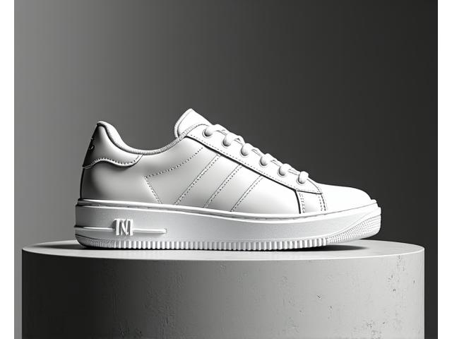 Close-up of a pair of high-fashion, pristine white sneakers on a minimalist background, emphasizing detail and exclusivity.