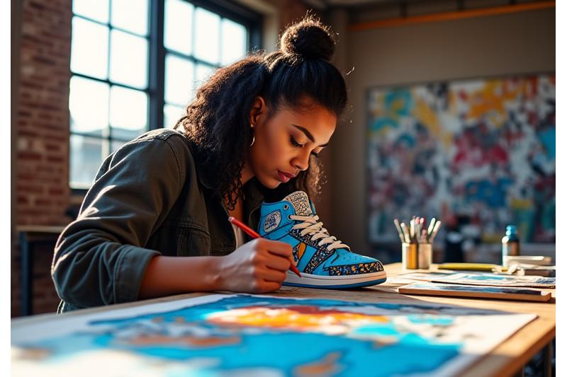 Behind-the-scenes shot of a Los Angeles artist sketching a sneaker design with vibrant graffiti-style elements, showcasing the creative process of an exclusive collaboration.