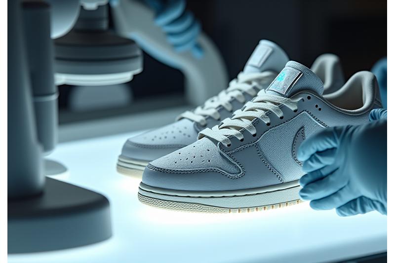 A highly detailed, close-up shot of a pair of rare, limited-edition sneakers undergoing a secure authentication process, with a holographic sticker and expert's magnifying glass, emphasizing trust and verification.