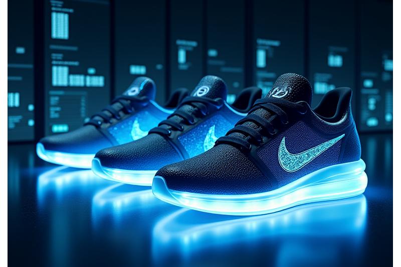 Advanced smart sneakers with integrated LED lights and biometric sensors, shown in a futuristic lab setting with holographic data overlays.