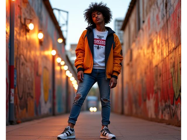 A confident individual showcasing a modern LA streetwear outfit, featuring exclusive sneakers and layered activewear, photographed in a vibrant urban alleyway.