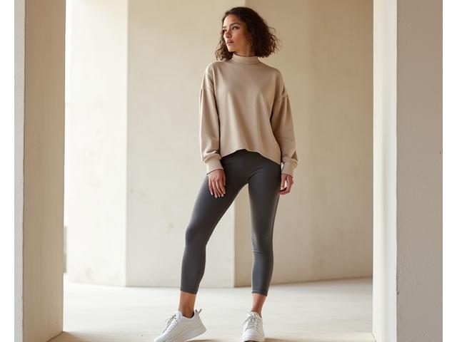 A minimalist yet luxurious activewear look, featuring premium fabrics in neutral tones, paired with Arch Vault's high-end performance sneakers, set against a clean architectural backdrop.