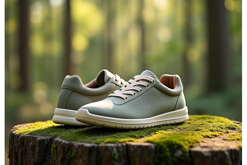 A pair of minimalist, eco-friendly sneakers crafted from recycled materials, displayed on a natural, earthy background with subtle green foliage, emphasizing sustainability.