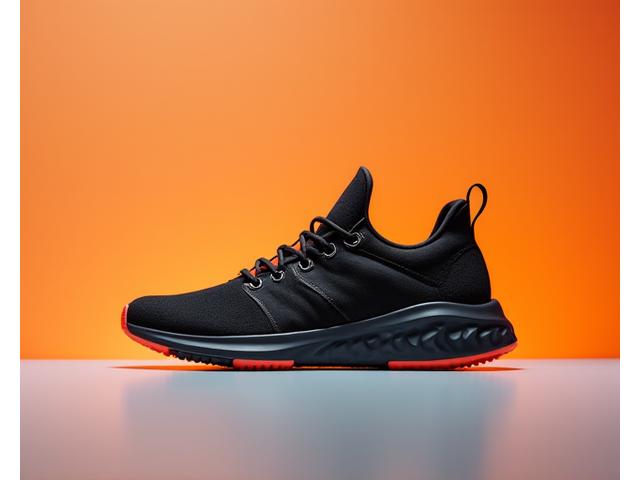 Arch Runner X, a sleek black sneaker with neon orange accents, perfect for urban running.