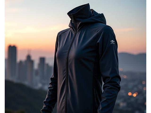 A high-performance activewear jacket with advanced moisture-wicking fabric and reflective accents, showcased against a dramatic, moody outdoor skyline at dawn.