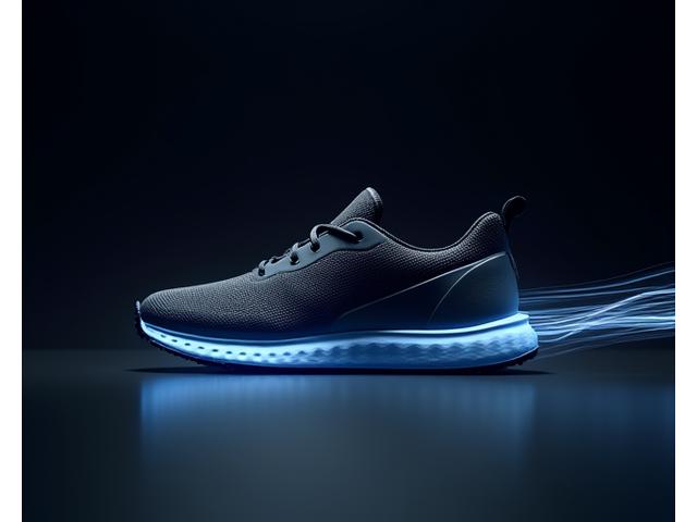 A futuristic, sleek grey and blue running shoe silhouetted against a dark, minimalist backdrop with subtle digital lines, indicating innovation and speed.