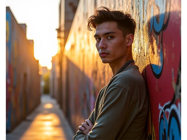 Portrait of Kai, a muralist from Silver Lake, posing in front of one of his vibrant murals.