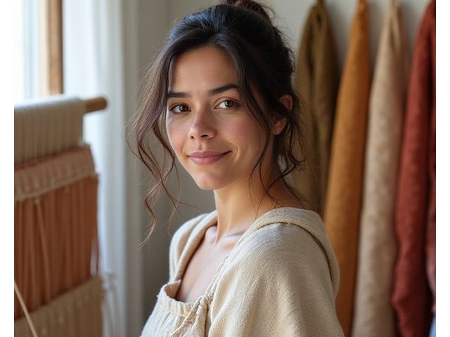 Portrait of Maya, a textile artist from Downtown LA, standing in her studio.