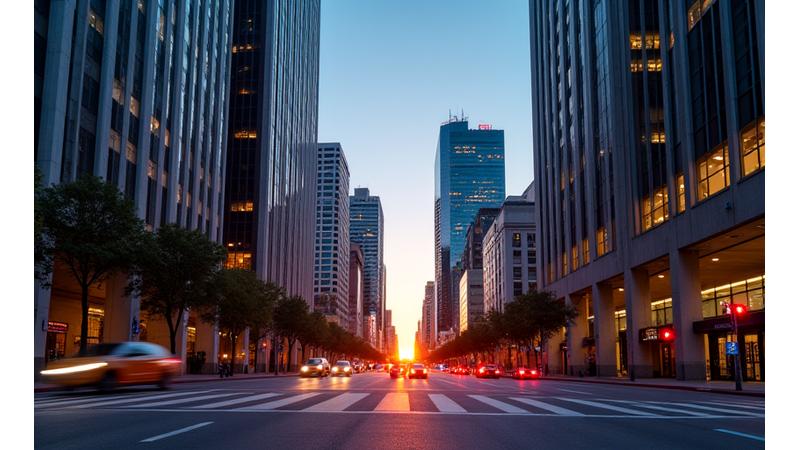 Dynamic shot of Downtown LA skyline at dusk, highlighting architectural lines and urban energy.