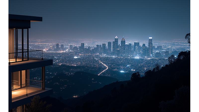 Night view of Hollywood Hills with city lights, representing a sleek, modern aesthetic.
