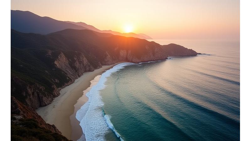 Serene aerial view of Malibu coast at sunset, with golden light reflecting on the ocean.