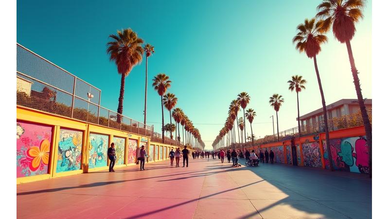 Scenic view of Venice Beach boardwalk showcasing vibrant street art, skate park, and palm trees.