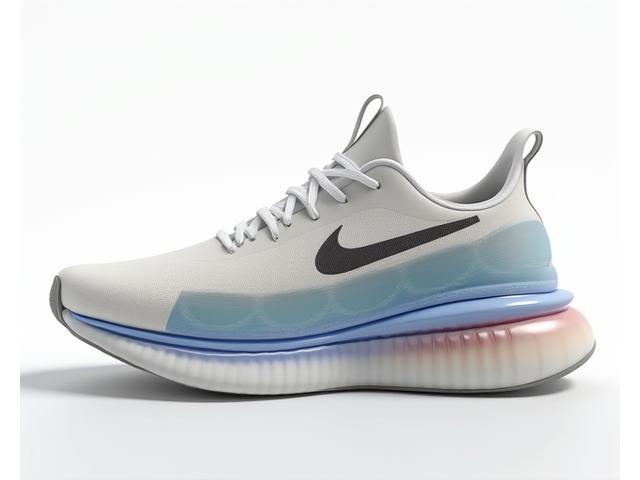 Detailed cutaway view of a smart sneaker sole, showing layers of adaptive cushioning material and embedded sensors changing form