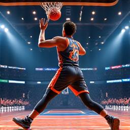 Basketball player mid-air performing a dunk, wearing Arch Vault smart sneakers on a dynamic court