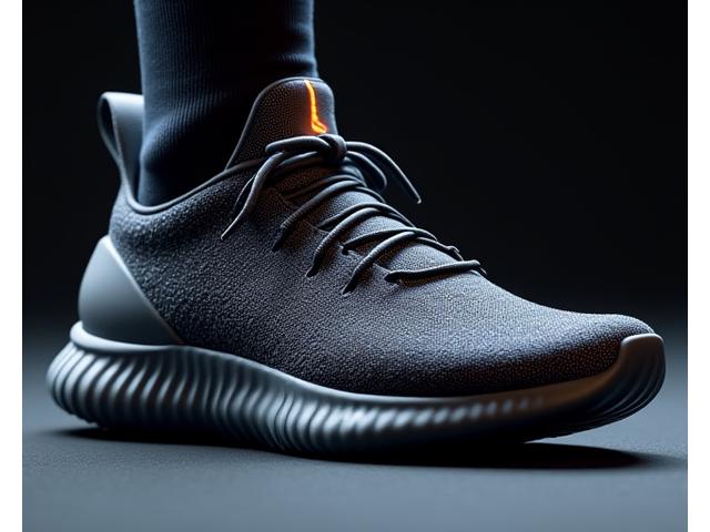 Close-up of a smart sneaker with automated lacing system visible, adjusting to a foot with glowing pressure points indicated by data overlay