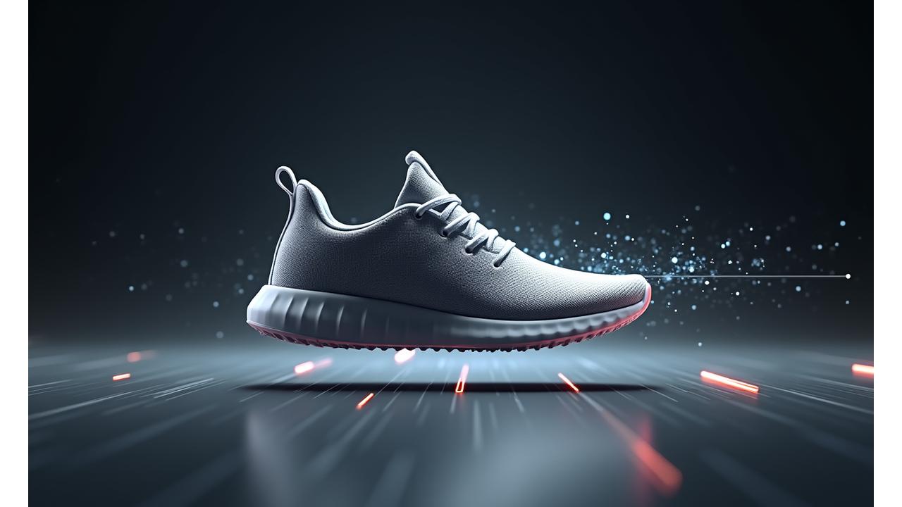 Futuristic smart sneaker with glowing tech elements and data visualizations overlayed, showcasing adaptive cushioning and fitness tracking