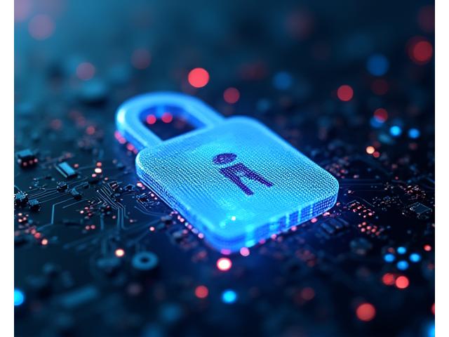 Cinematic shot of a glowing digital padlock over a circuit board, representing advanced encryption and data security.
