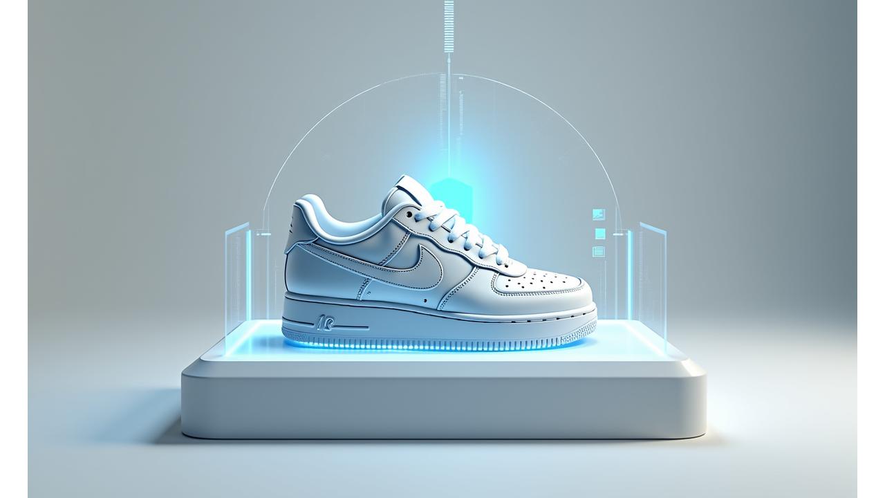 A pair of iconic, sought-after sneakers on a clean surface, being scanned by a high-tech device, with data visualizations projected around it, indicating integrity check.