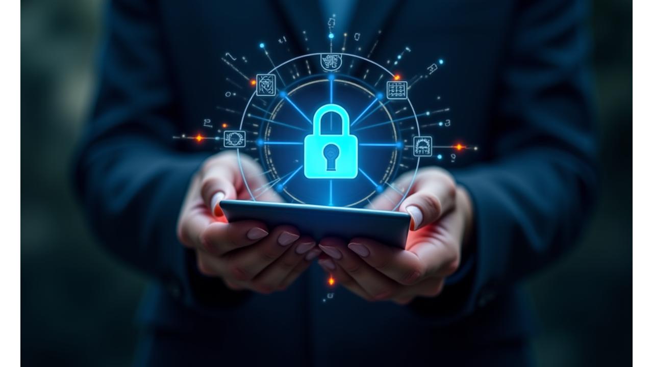 A pair of hands clasping a credit card, surrounded by glowing digital security icons and a blockchain network, emphasizing secure online transactions.