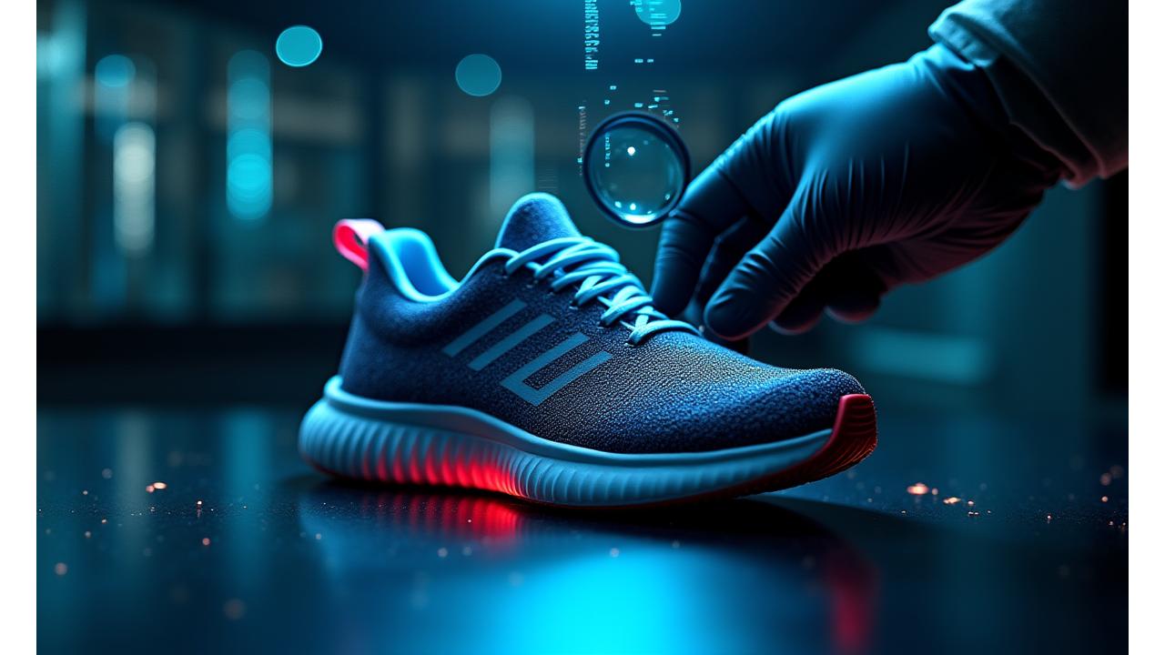 Close-up of rare sneakers being inspected through a magnifying glass, with a blockchain-inspired digital overlay, signifying authentication and security.
