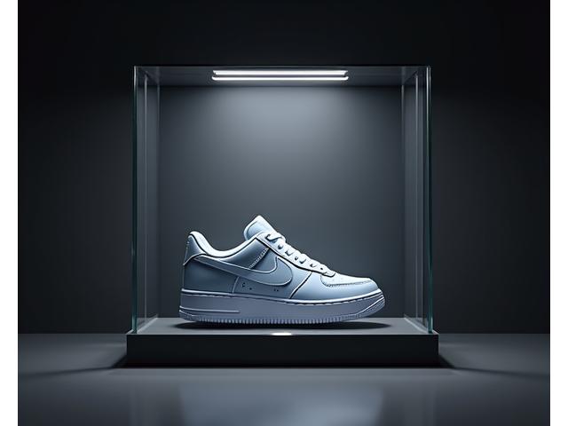 Extremely limited edition sneaker, clean and pristine, displayed in a glass case with a spotlight, highlighting its rarity.