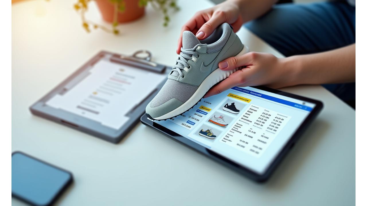 A person meticulously photographing a sneaker against a clean background, with a tablet displaying a user-friendly listing interface and price analytics.