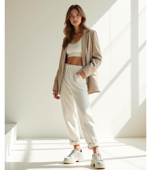 A woman in a stylish athleisure chic outfit with tailored joggers, a crop top, oversized blazer, and platform sneakers, posing in a bright studio.
