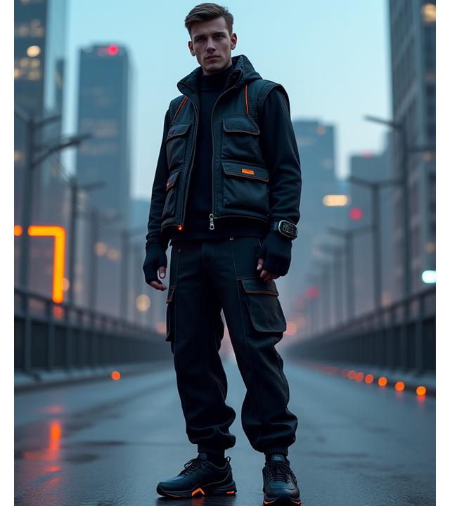 A future-forward tech utility outfit with multi-pocketed gilet, mesh-paneled top, and ergonomic sneakers, set against a futuristic cityscape.