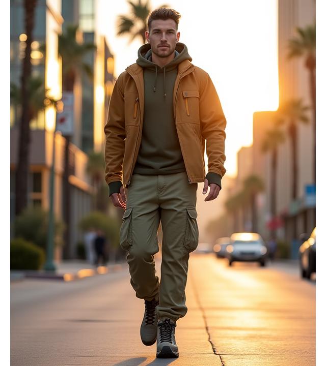 An urban Explorer outfit featuring cargo pants, a technical jacket, and high-top trail sneakers, modeled by a person walking down a dynamic city street.