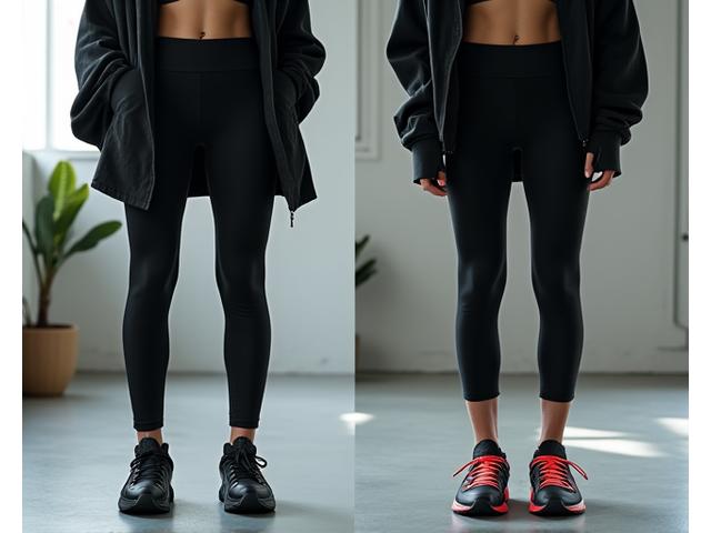 An athletic chic outfit featuring leggings and a sports bra under an oversized jacket, paired with bulky, futuristic running shoes and minimalist slides.