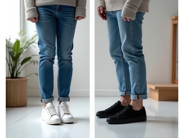 A casual everyday outfit with jeans and a neutral sweater, shown with two different sneaker options: classic white trainers and sleek black low-tops.