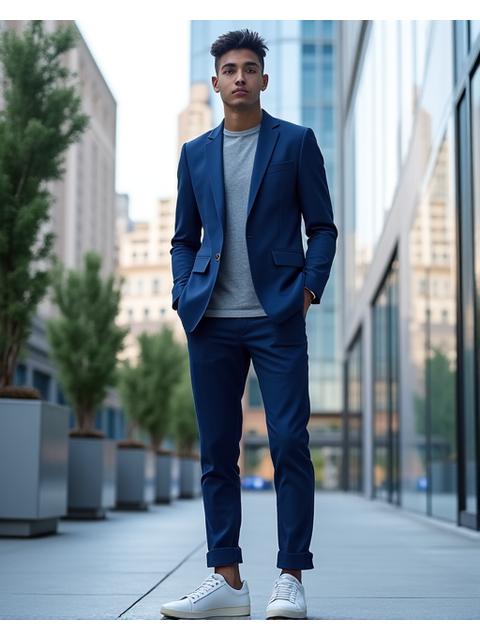 A business-casual techwear look in Downtown LA, featuring tailored trousers, a technical blazer, and sleek minimalist sneakers, against a glass skyscraper.