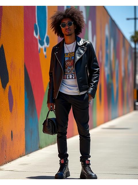 A fashionably dressed individual captured on Melrose Avenue, sporting a graphic tee, leather jacket, and chunky sneakers, with colorful murals in the background.
