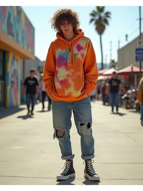A candid street style shot of a person near Venice Beach Skatepark, wearing a tie-dye hoodie, distressed jeans, and vintage high-top sneakers.