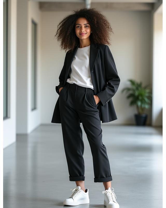 Aisha Rahman, a renowned fashion stylist specializing in minimalist streetwear, smiling confidently.