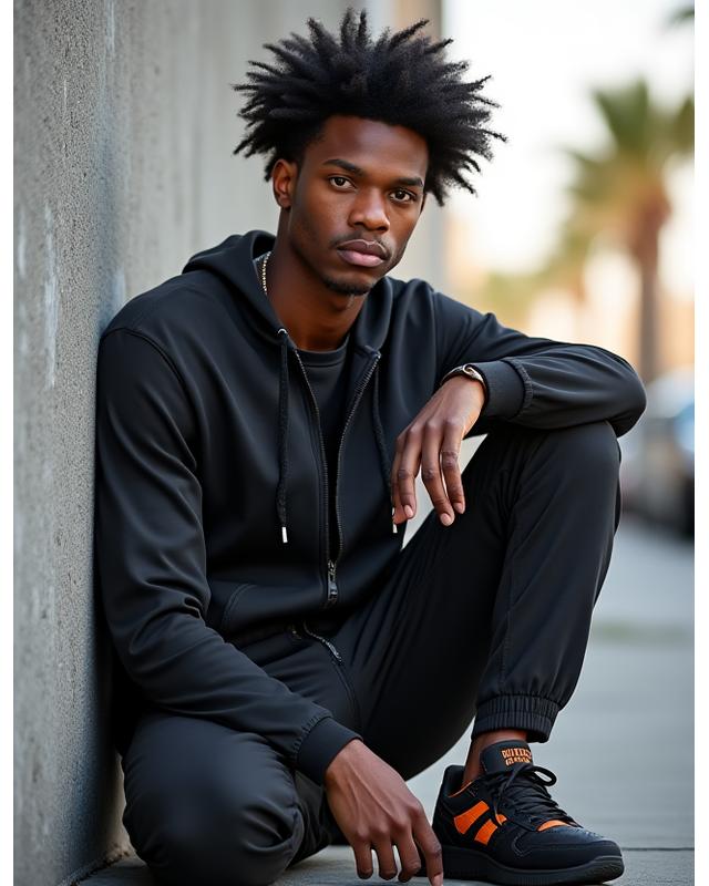 Marcus 'Flow' Johnson, a dynamic stylist known for athletic-inspired fashion, posing with confidence.