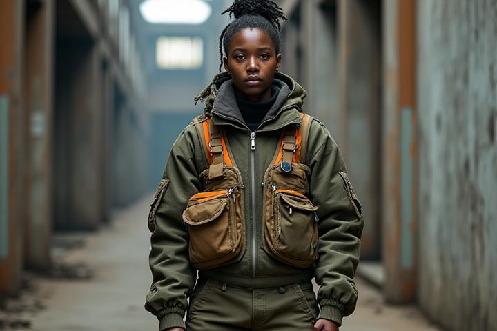 A visual representation of the 'utility maximalism' trend, showing a person in multi-pocketed, layered technical garments with bold hardware, set against an industrial background.