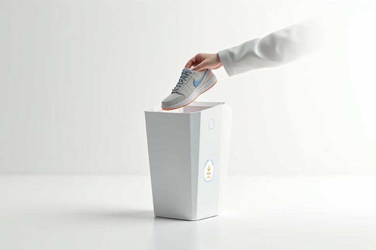 Graphic showing sneakers being dropped into a recycling bin or collection point